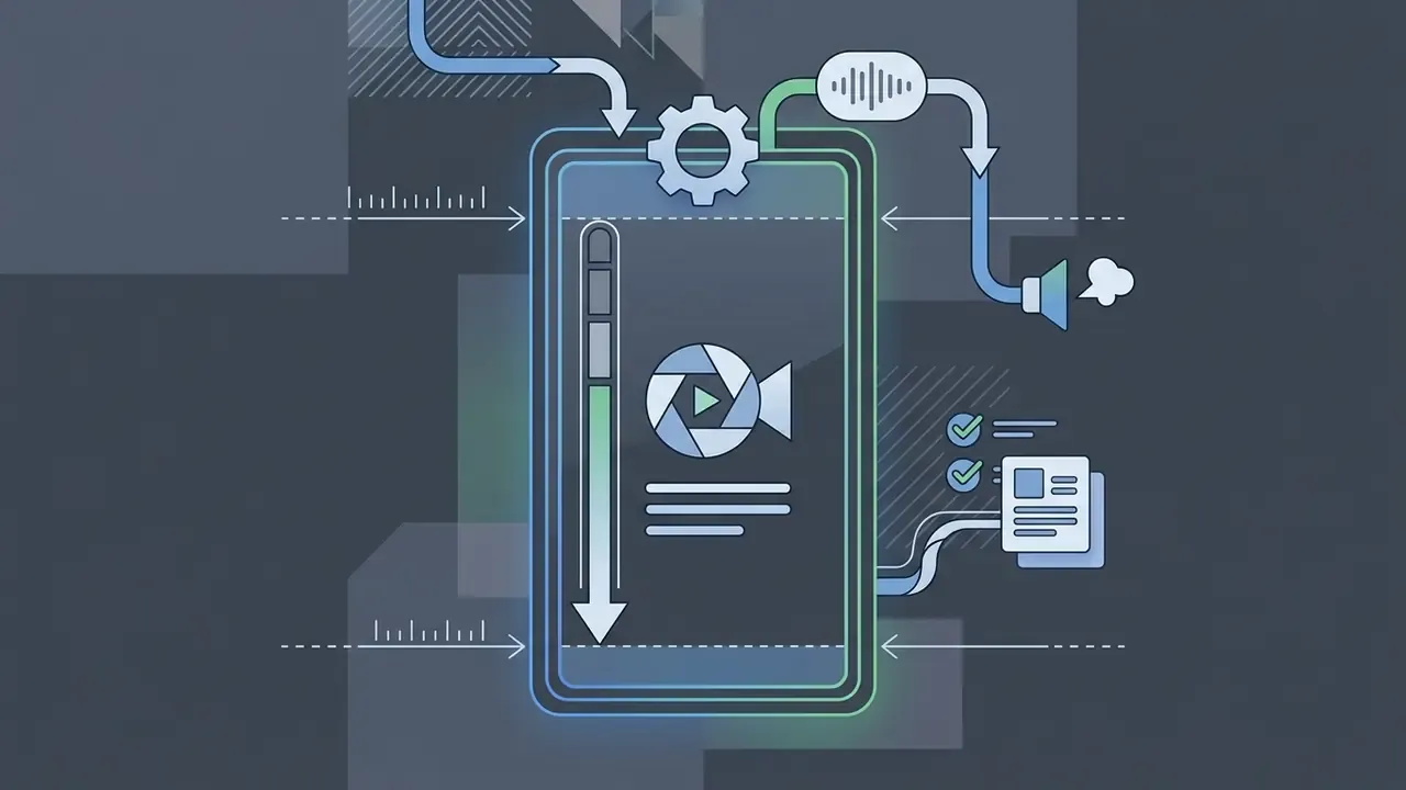 Vertical smartphone screen showing a logo and timeline with audio and document icons connected by arrows