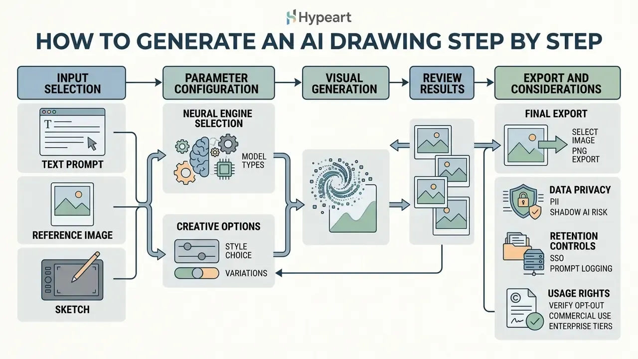 Diagram outlining the workflow for AI drawing from input selection through configuration to final export