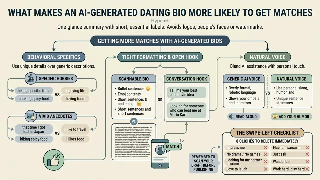 Flowchart outlining strategies for an AI dating profile generator including specific details and hooks