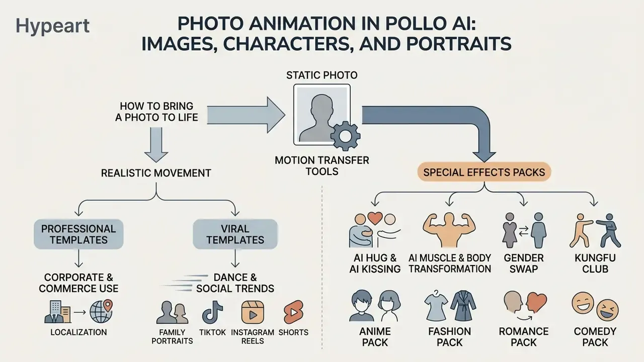 Diagram showing Pollo AI motion transfer tools for animating static photos with templates and effects