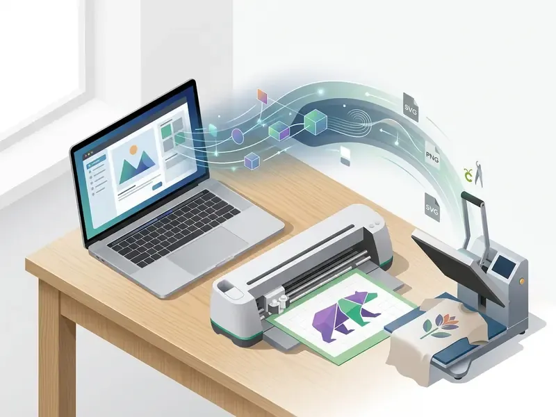 Laptop sending digital design files to a cutting machine and heat press for custom apparel production