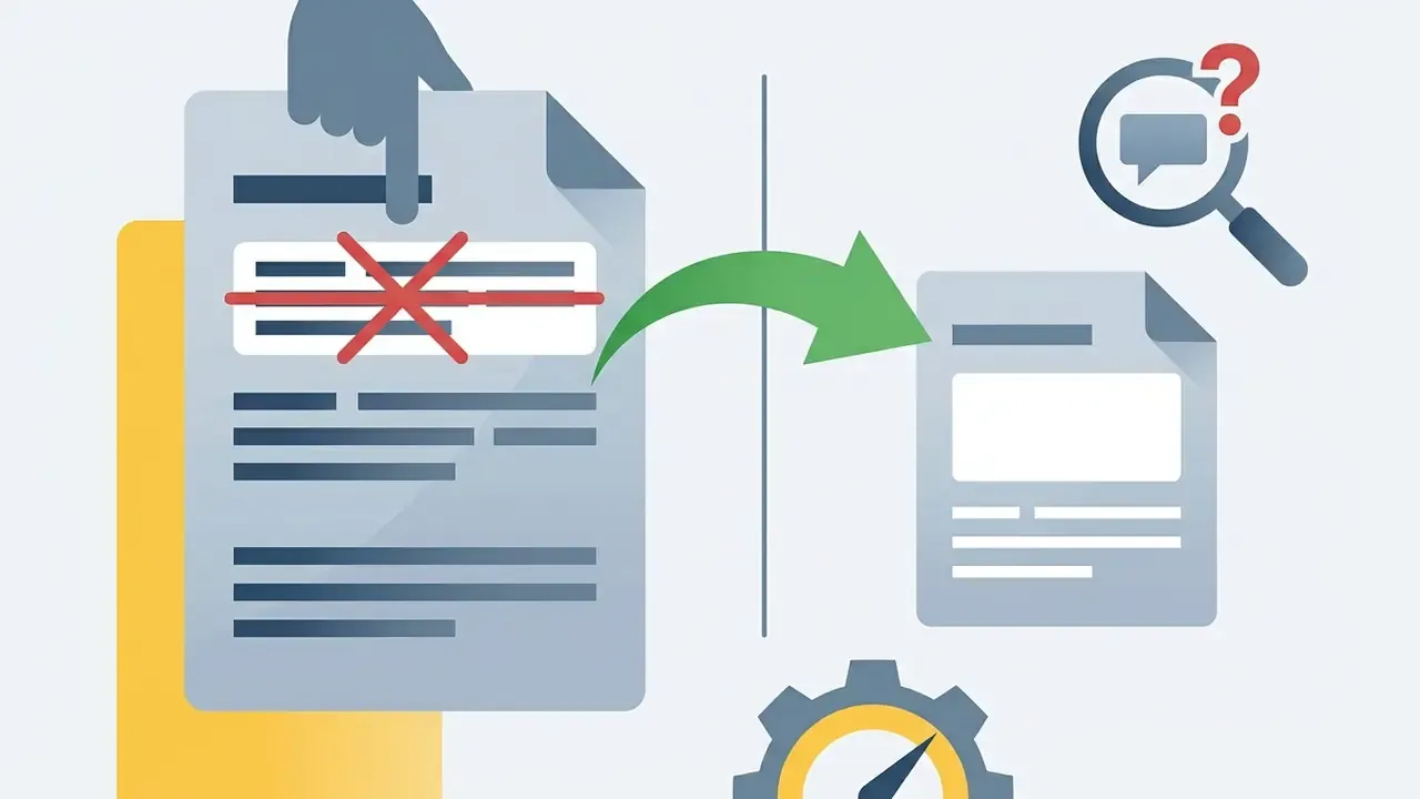 Hand pointing at a document with crossed out text being moved to a new layout under a magnifying glass