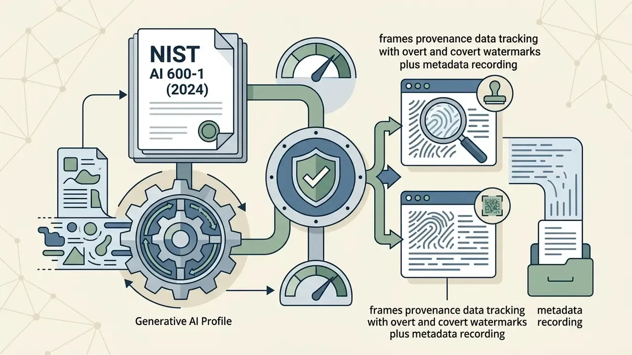 NIST standards document connected to gears and gauges that process content into tracked metadata records