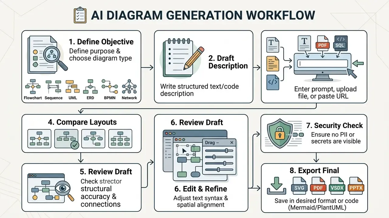 Step-by-step workflow for creating diagrams from defining objectives to editing and exporting files