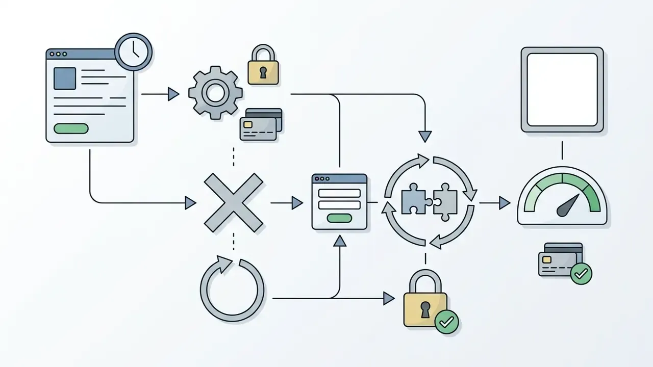 Process flow showing request retries bypassing duplicate credit charges through a secure verification loop