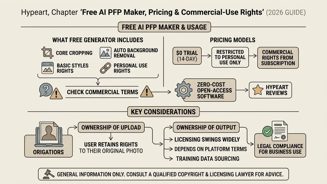 Flowchart outlining pricing models, commercial usage rights, and ownership rules for an AI PFP maker