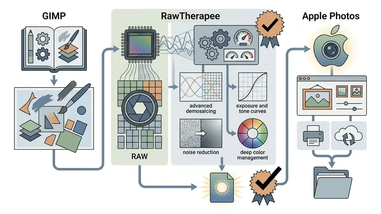 Process flow connecting GIMP image editing, RawTherapee RAW processing, and Apple Photos organization