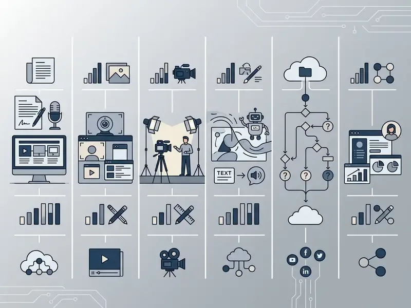 Comparison chart displaying icons for video presentation formats, production resources, and distribution
