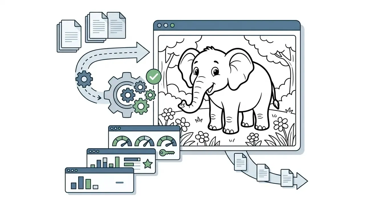 Text prompts processed through gears and control gauges to generate a cartoon elephant coloring page
