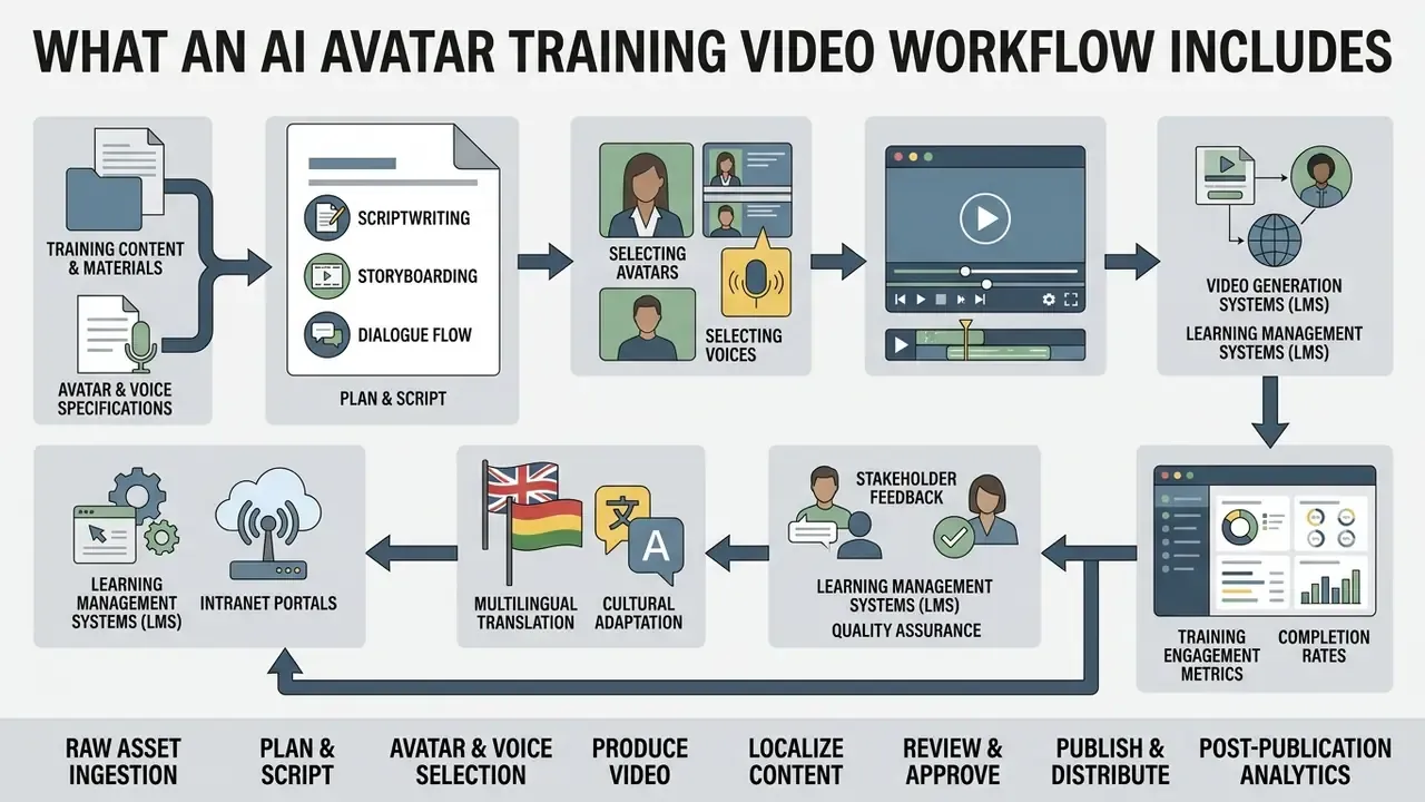Diagram detailing the progression from asset ingestion through video production to final analytics