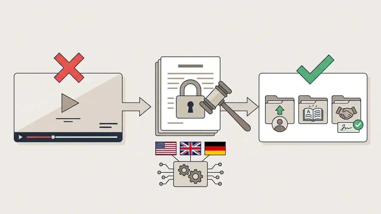 Legal symbols representing restricted YouTube video downloads versus permitted personal or licensed content