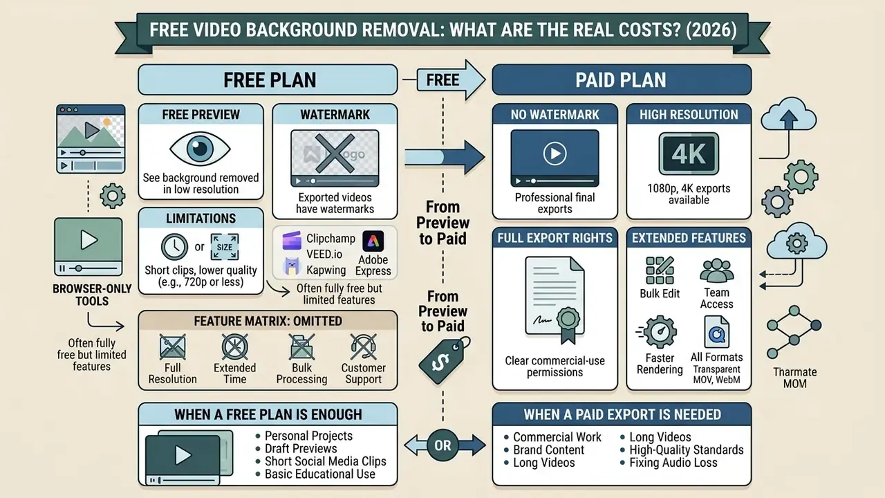 Comparison chart detailing the differences between free and paid video background removal plans