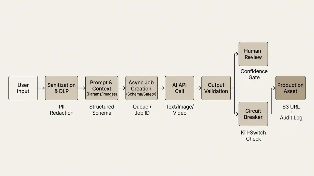Flowchart showing a starter API workflow for AI media from user input through processing to final asset