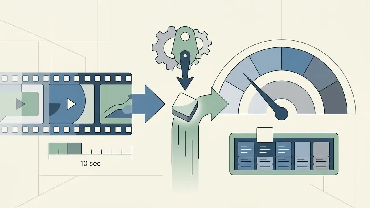 Film strip moving into a gear mechanism and gauge to represent OpenAI Sora video generation limits