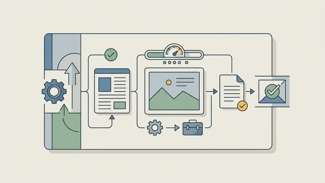 Gear and arrow icons leading to a document, image frame, and briefcase symbol with a final checkmark
