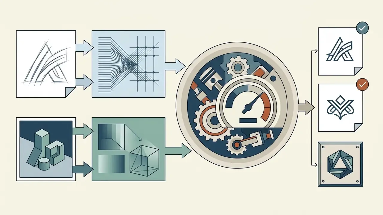 ControlNet architecture processing sketches and 3D images through a mechanical engine into vector logos