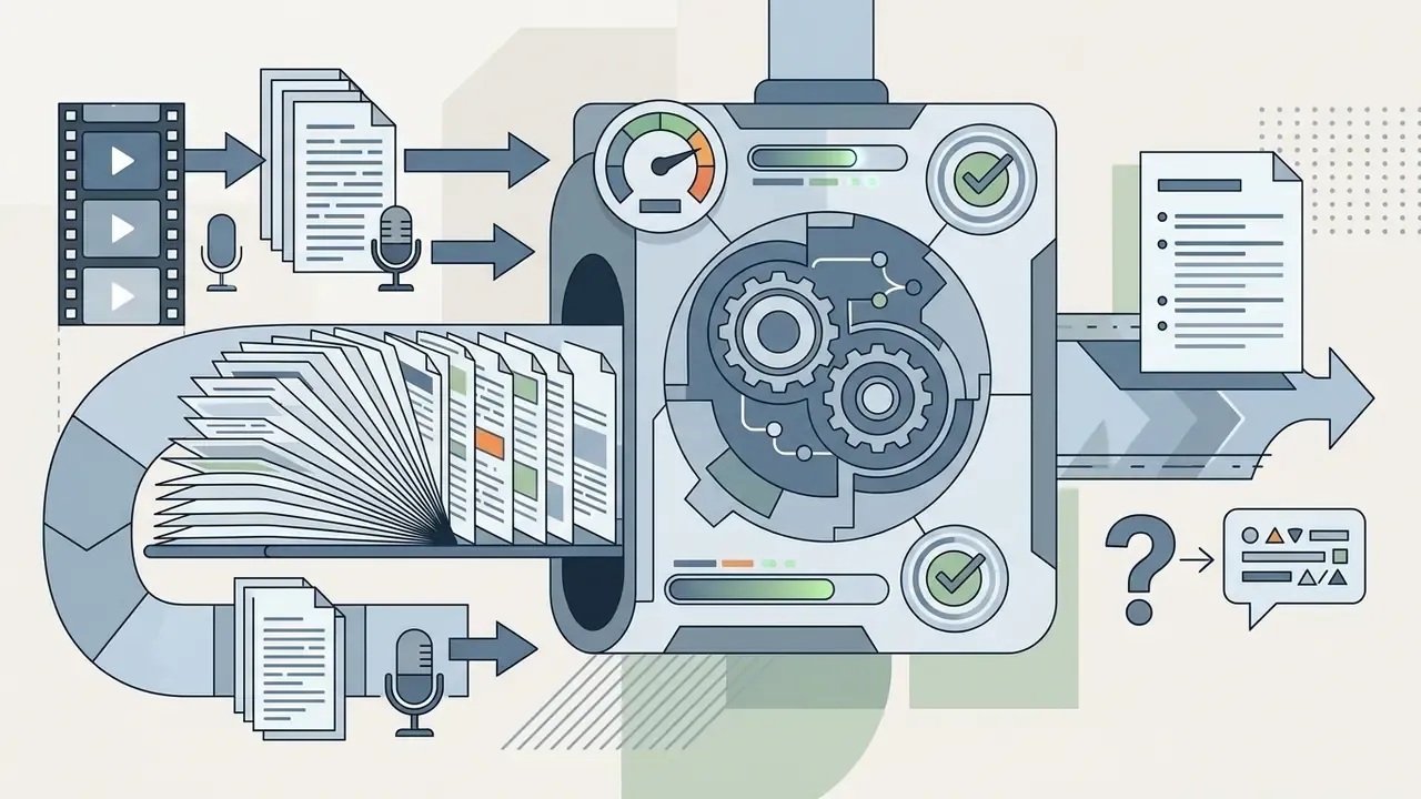 System processing video frames and audio transcripts into a machine that outputs structured data documents