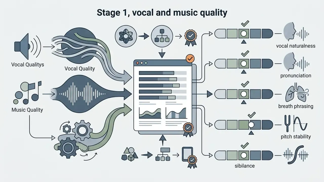 Diagram showing audio inputs being analyzed and rated across five specific vocal and musical metrics