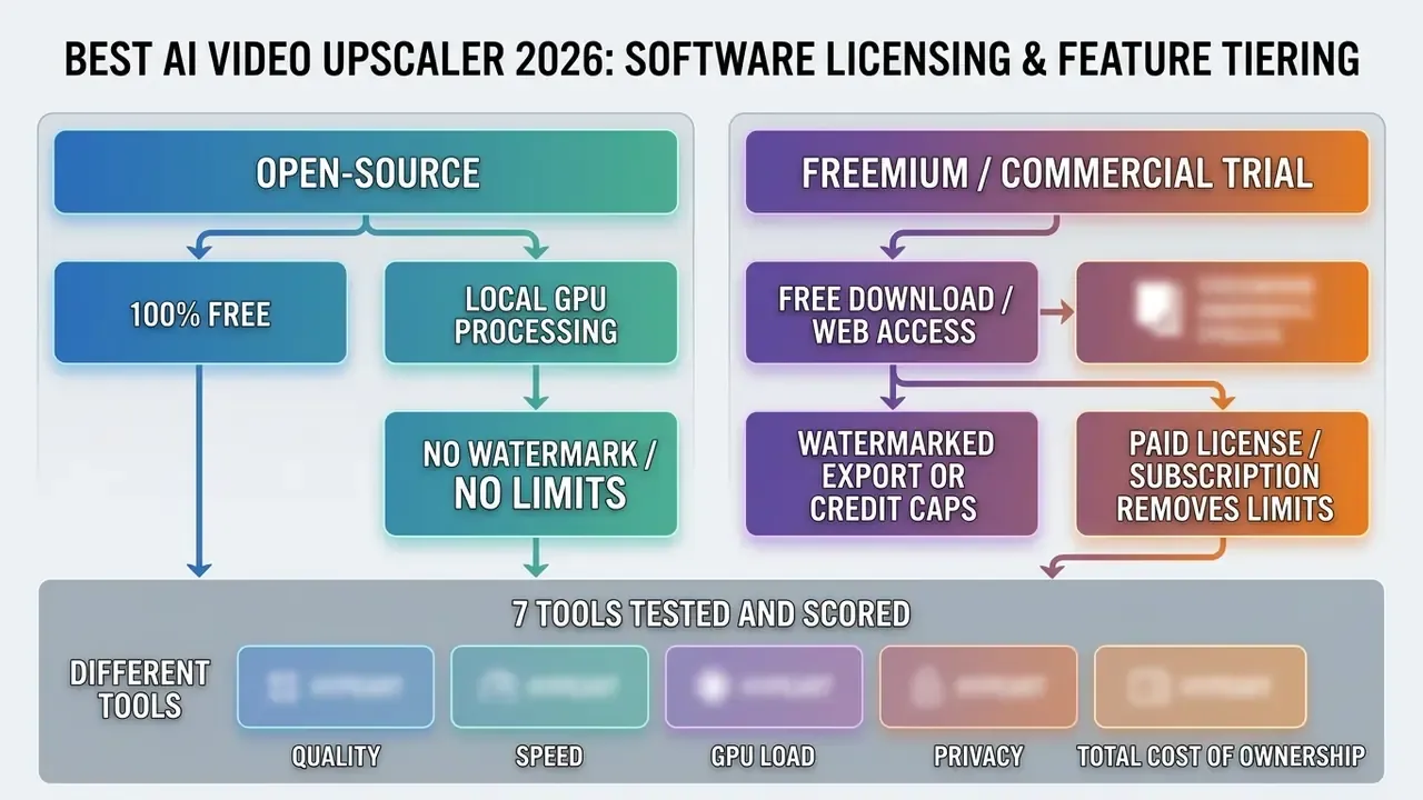Flowchart comparing open-source versus freemium software licensing models for AI video upscaler tools