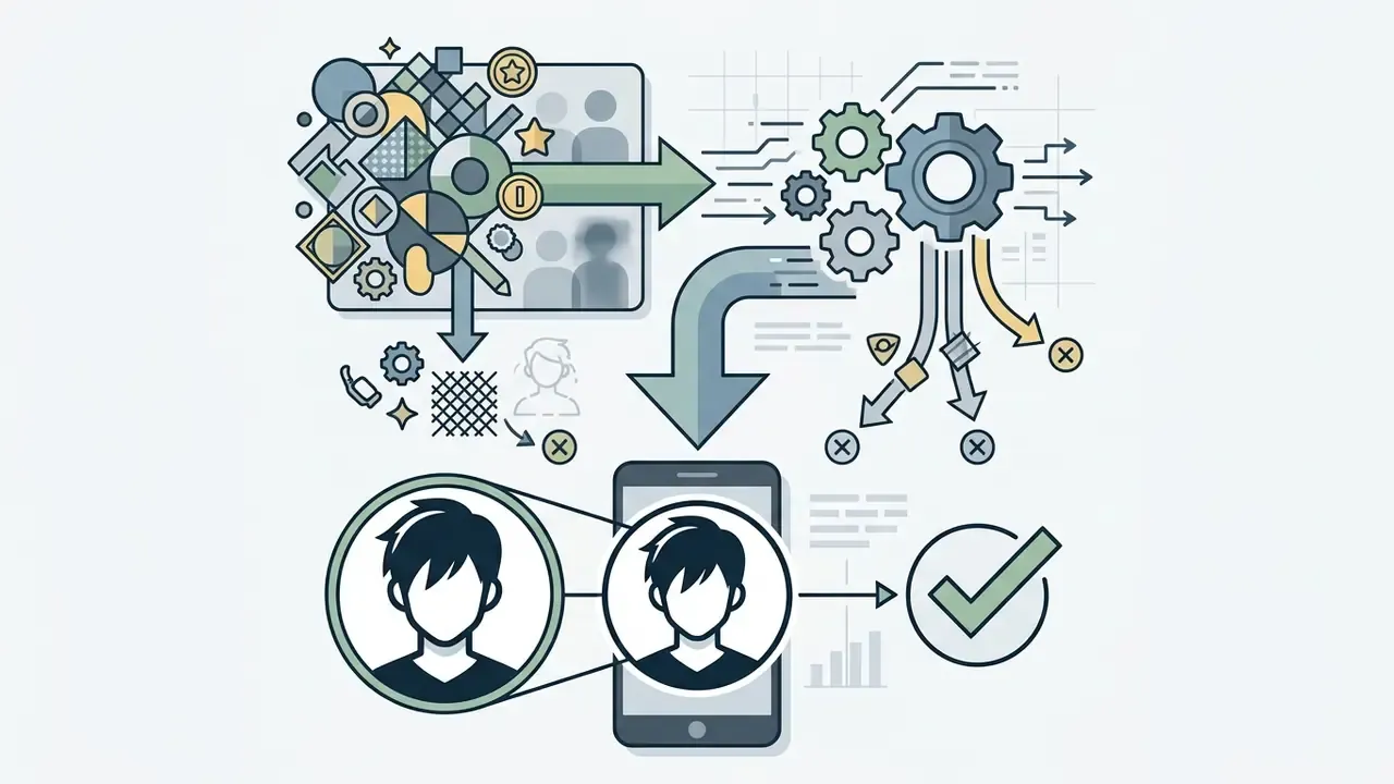 Complex visual showing gear mechanisms processing cluttered design elements into a simplified mobile avatar
