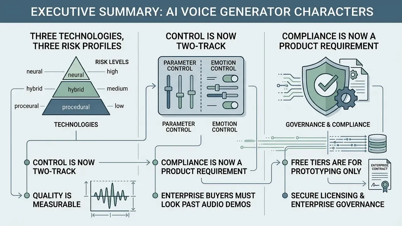 Infographic showing three AI voice generator risk profiles, control tracks, and compliance requirements