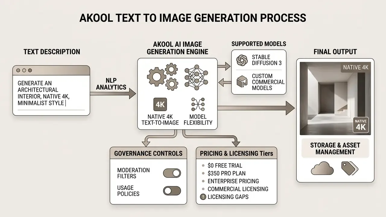 Flowchart detailing the Akool AI image generation process from text input to final asset management