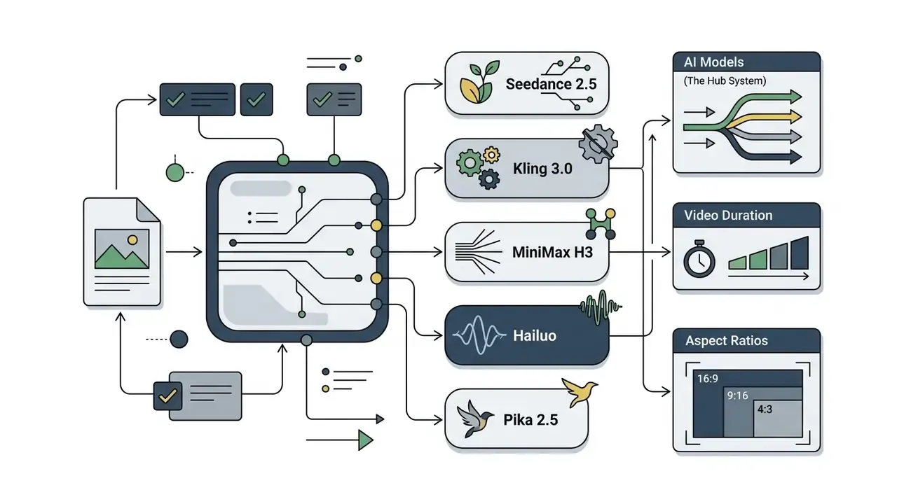 Central processor routing image inputs to various AI models for video duration and aspect ratio settings