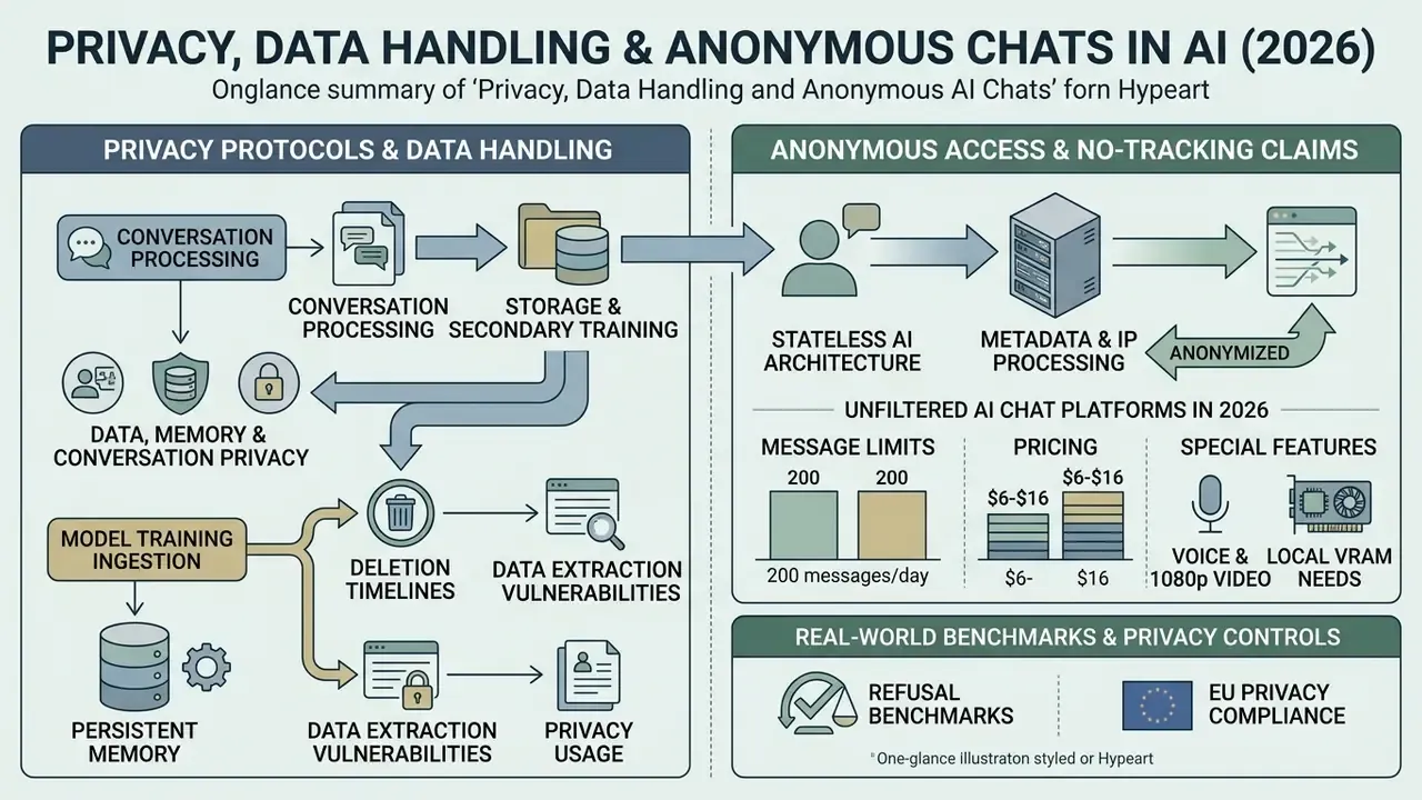 Flowchart showing data processing, storage, and anonymous access protocols for AI chat platforms