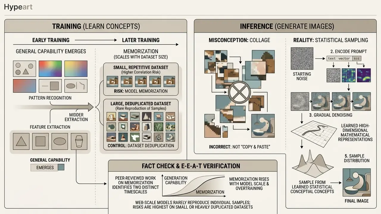Diagram contrasting model training and statistical sampling processes to debunk image collage myths