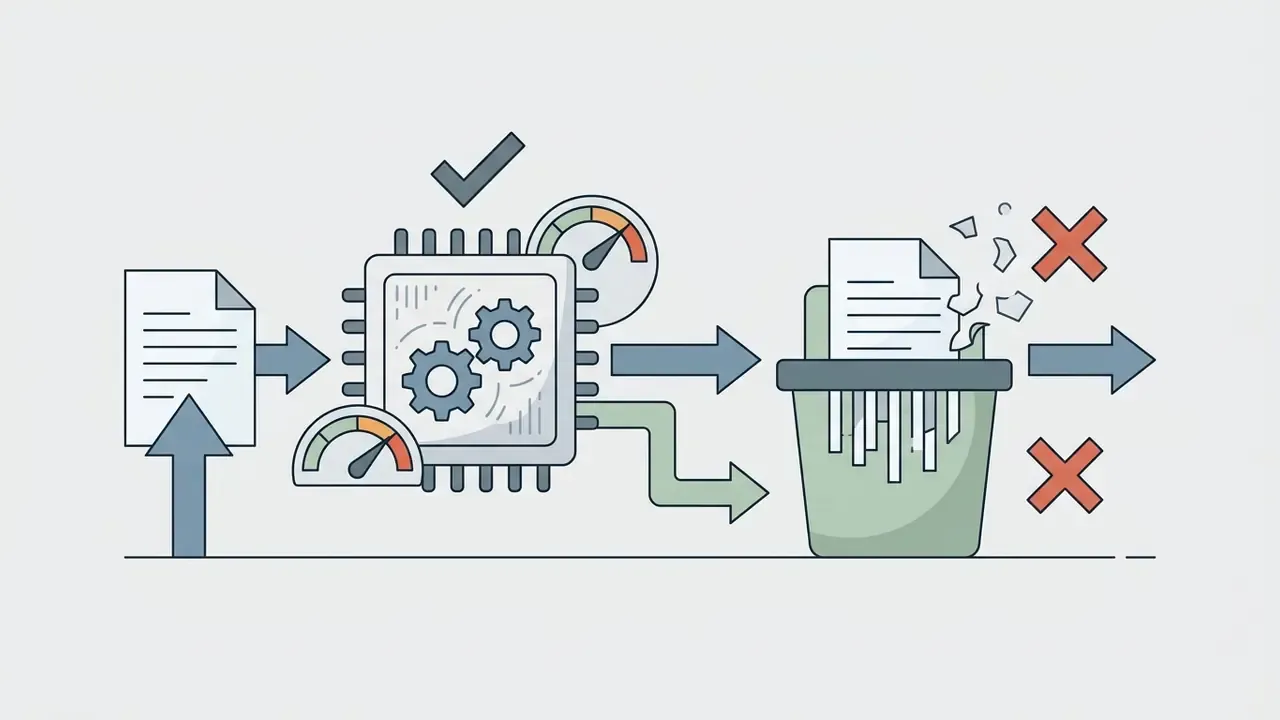 Document being processed by a chip with gears and then shredded in a bin to represent data deletion