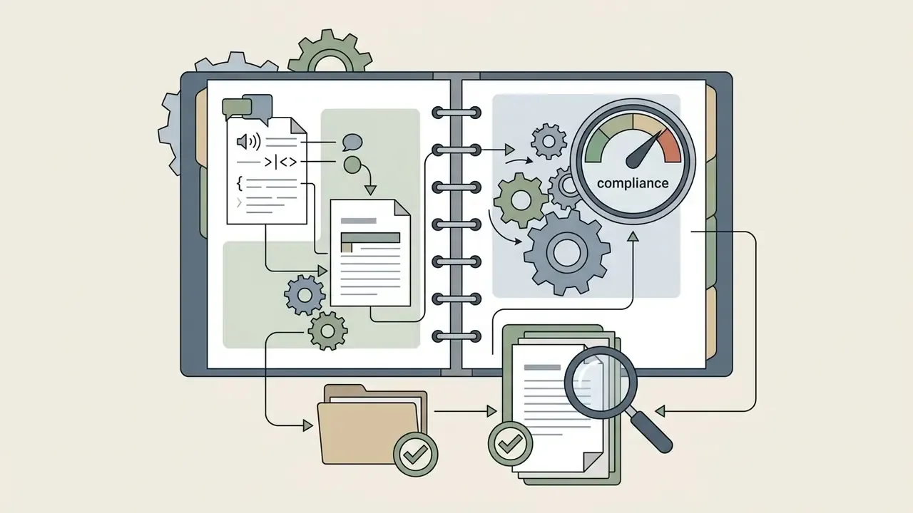 Open binder showing document processing, gear mechanisms, and a compliance gauge for audit workflows