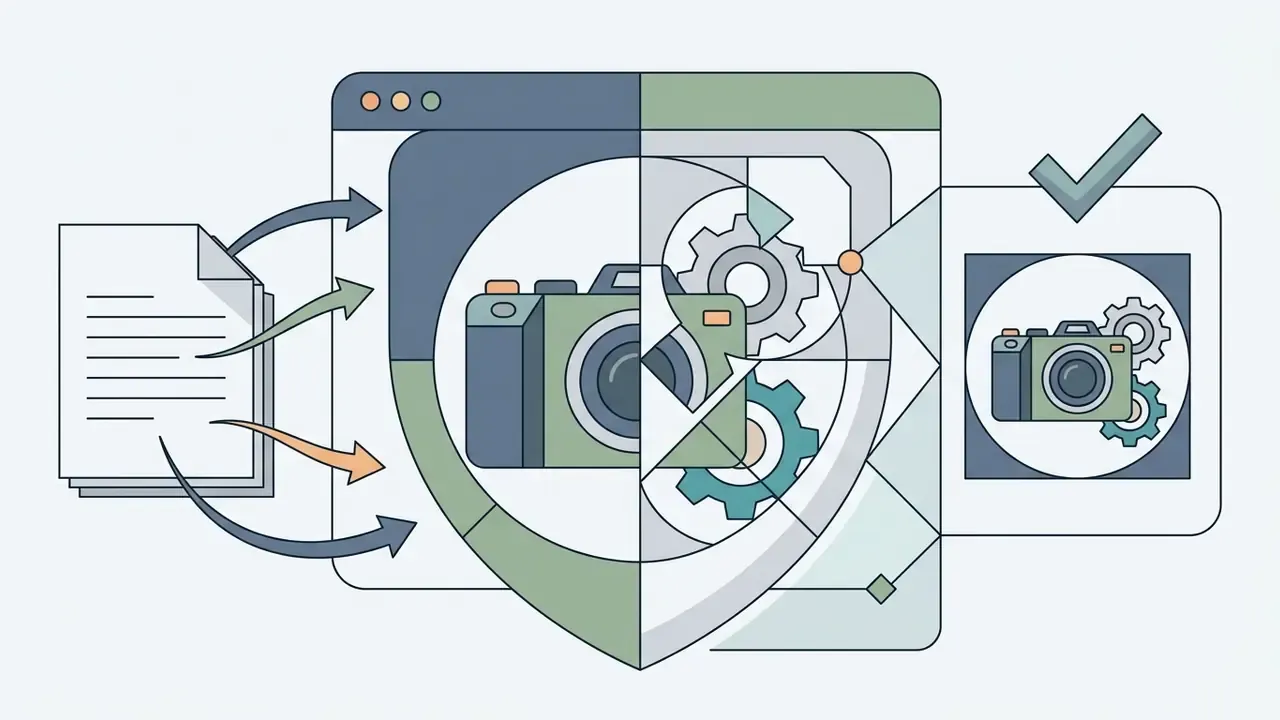 Documents feeding into a shield-shaped frame that crops a camera image with gear icons for output