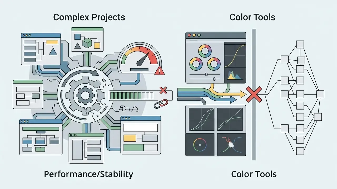 Gear and performance gauges connected to color grading panels blocked from reaching a node-based network