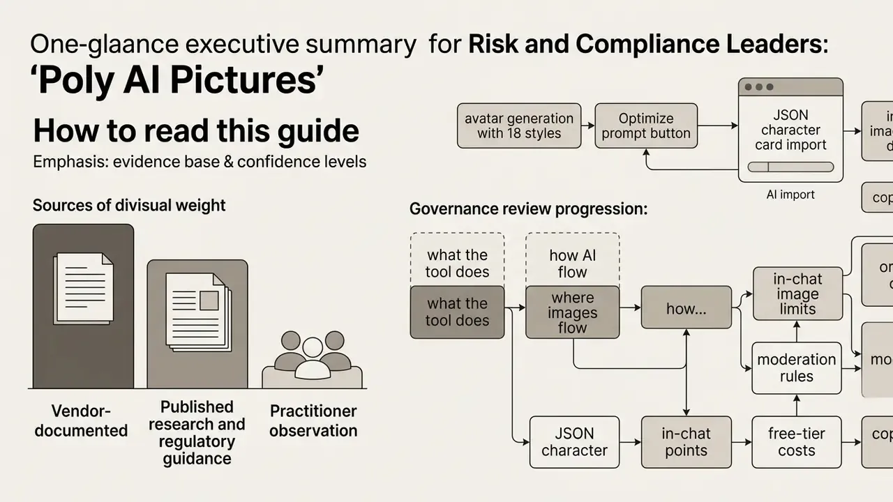 Infographic showing evidence sources and a governance review workflow for Poly AI Pictures