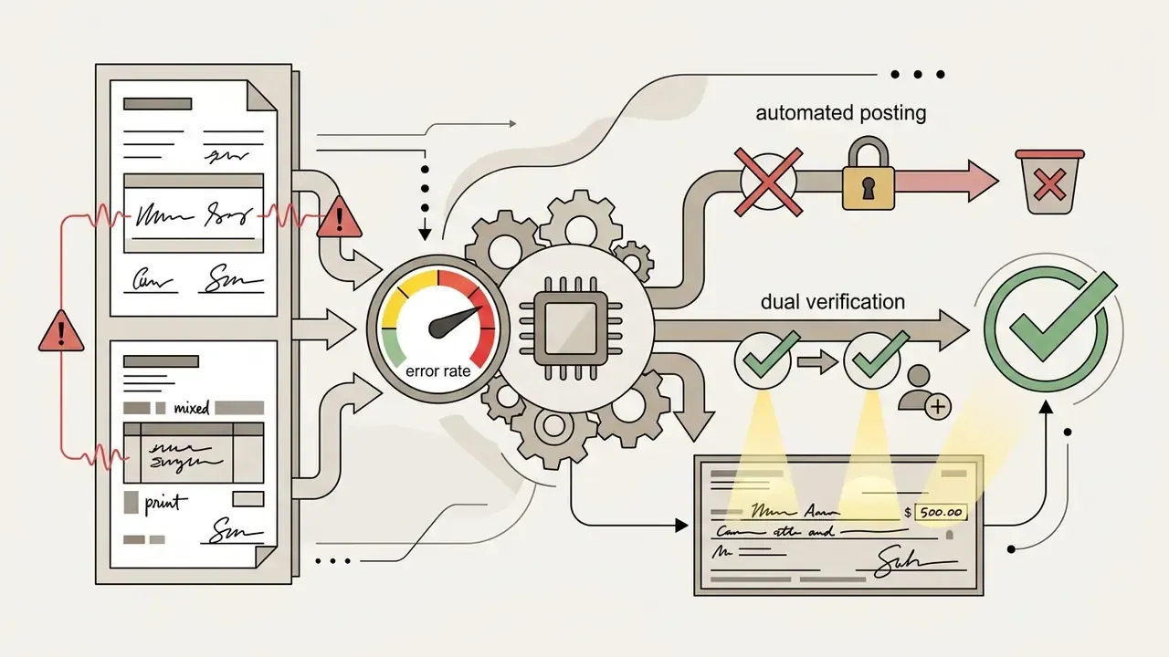 Forms with signatures and mixed text flowing through a gear-driven gauge to reach dual verification protocols