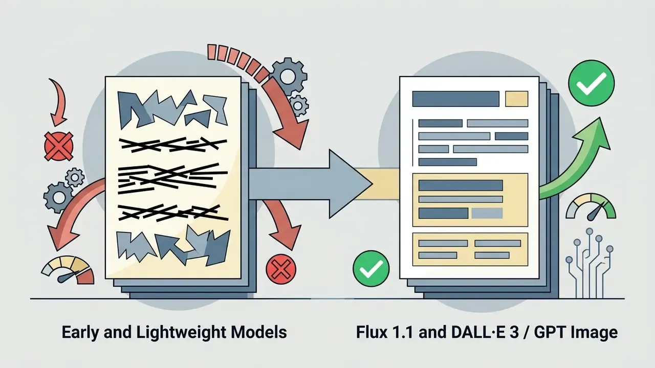 Comparison of garbled text in early models versus clear, structured text in advanced AI models