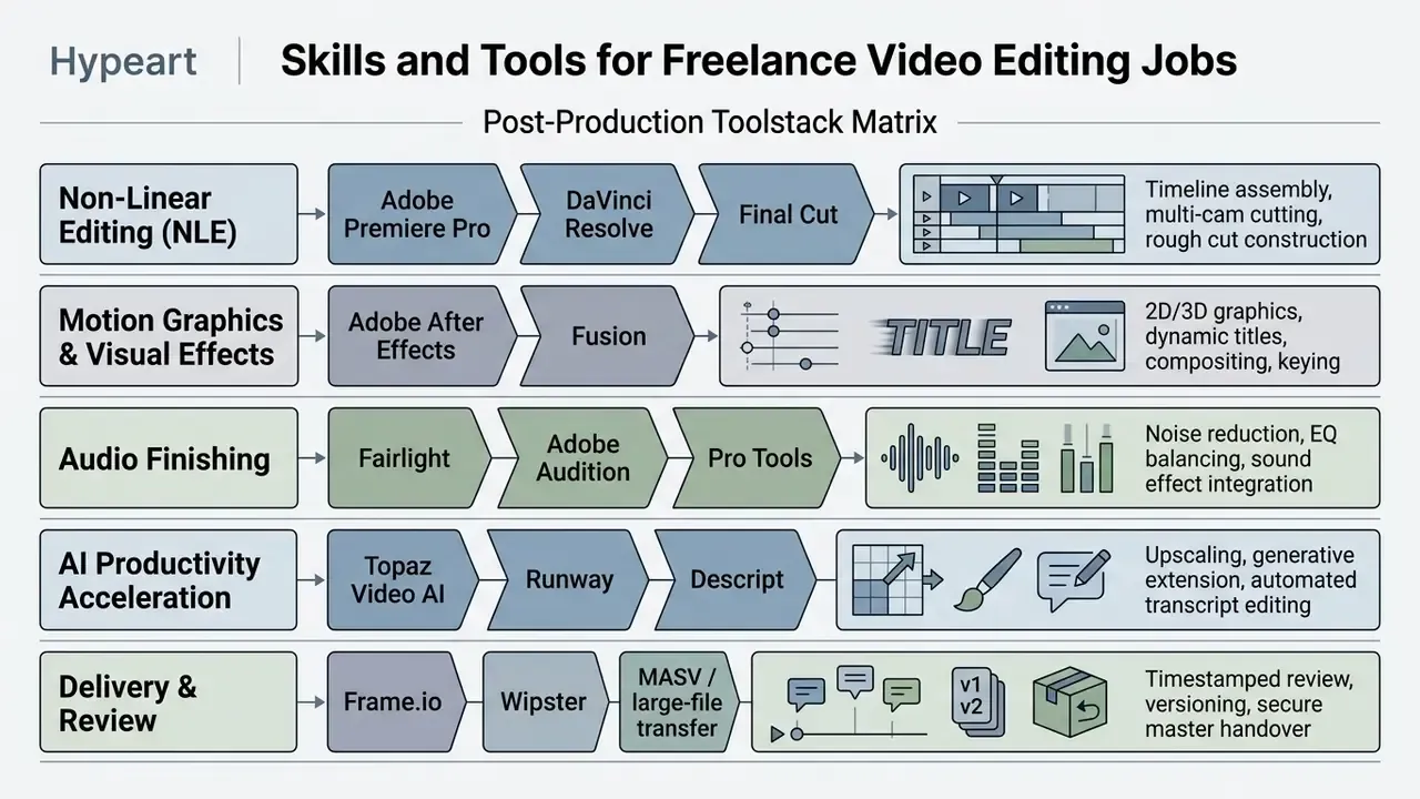 Matrix chart categorizing post-production software by application, including editing, graphics, and AI