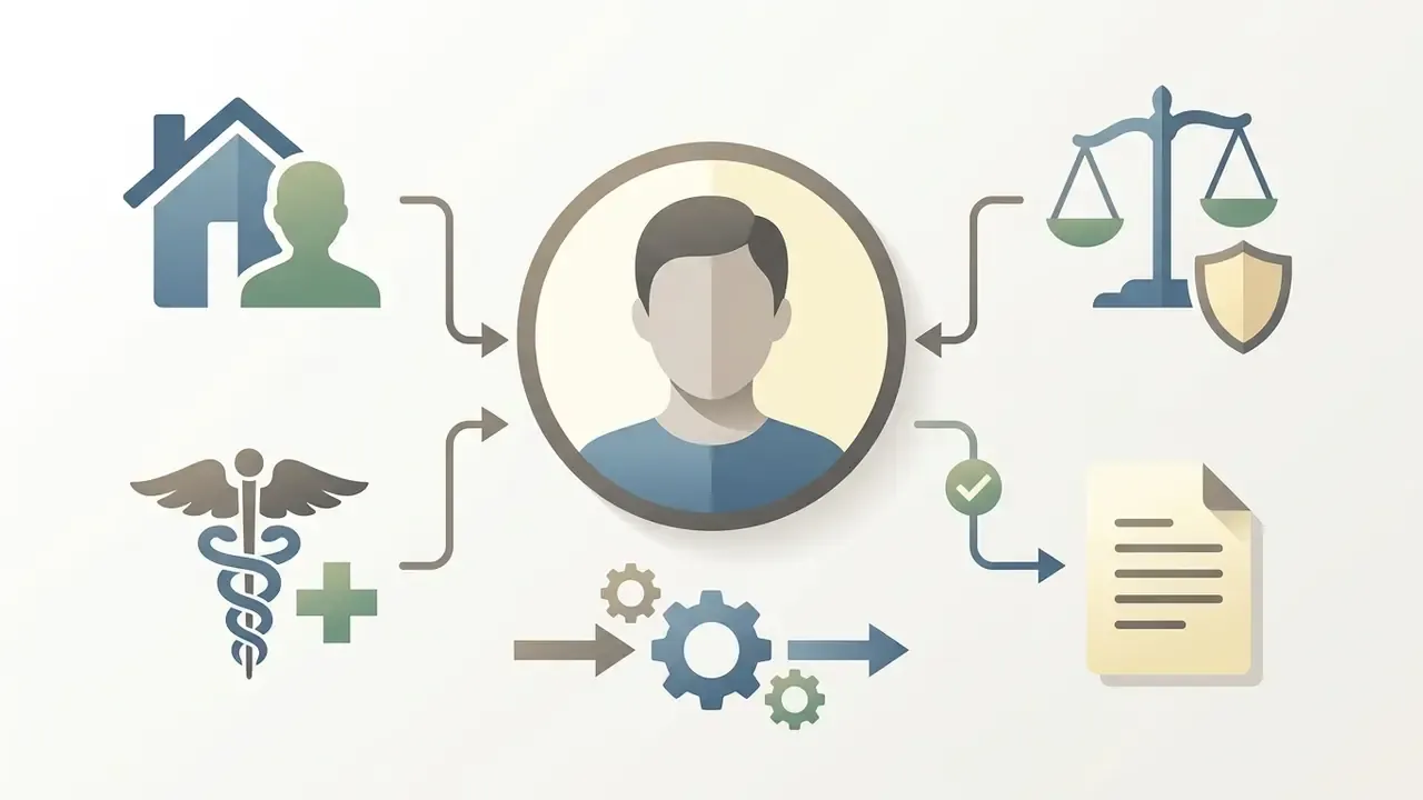 Central portrait icon connected to real estate, legal, and medical symbols with gears and document output