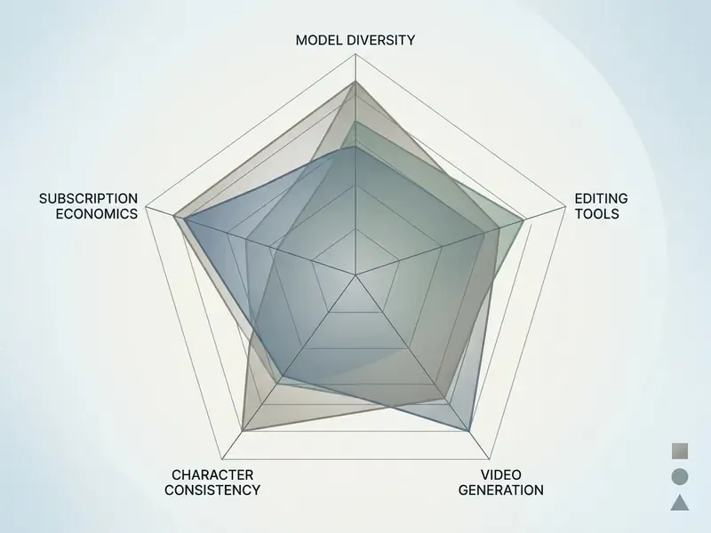 Radar chart comparing five creative platform capabilities including model diversity and editing tools