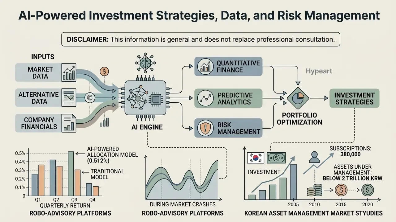 Flowchart showing data inputs feeding into an AI engine to drive investment strategies and market analysis