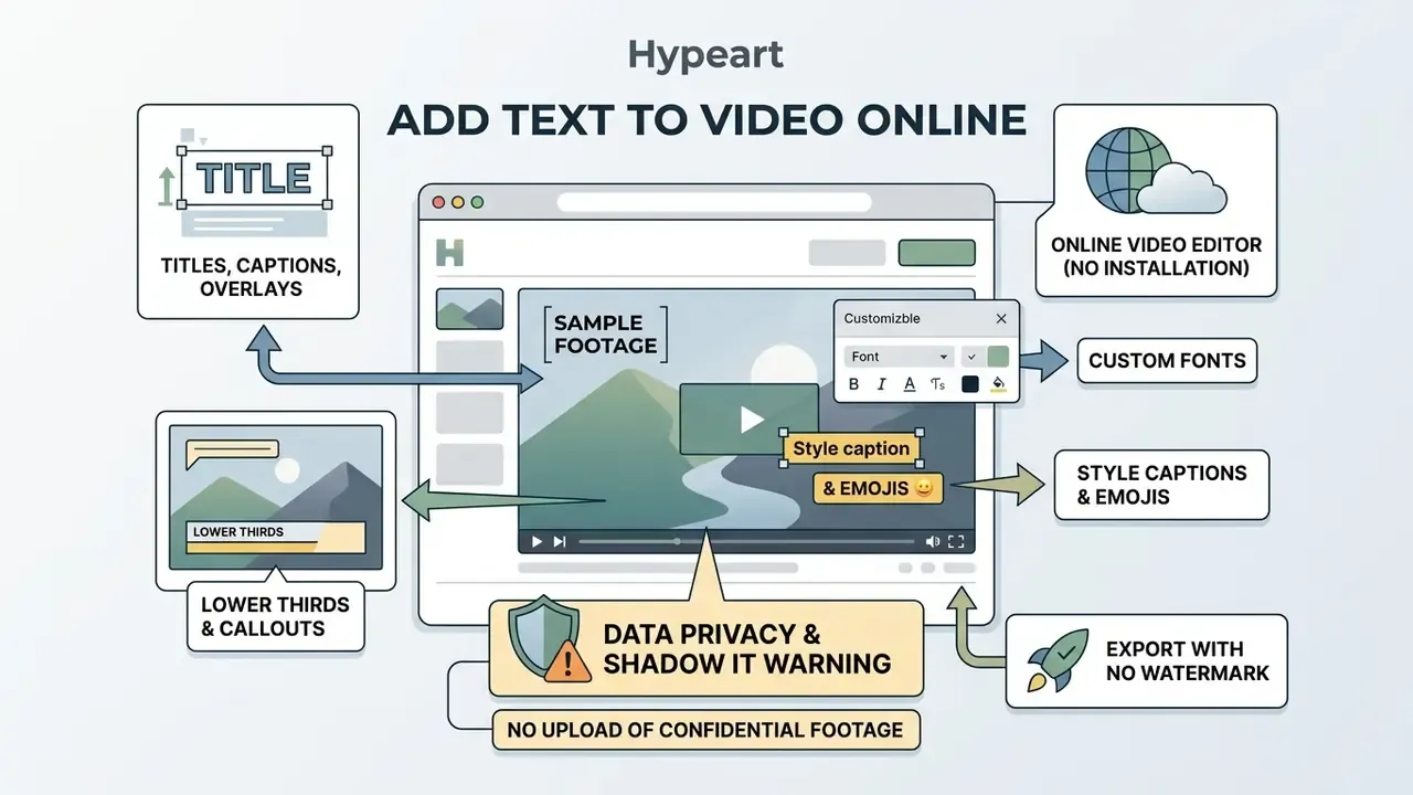 Infographic showing features of an online video editor including text overlays and data privacy warnings