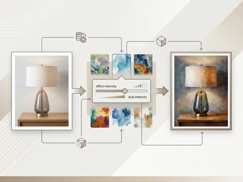 Flowchart showing a product photo transformed into a painterly version using a style intensity slider