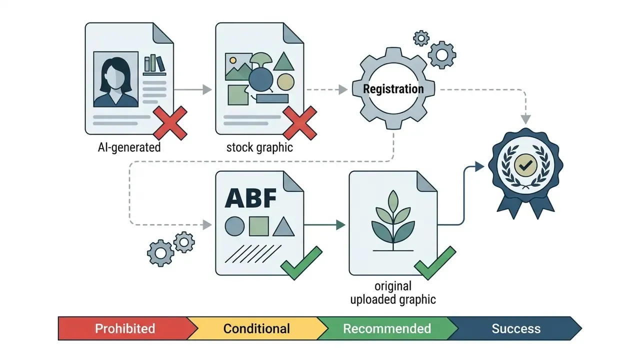 Process showing prohibited AI and stock assets versus recommended original graphics for trademark success