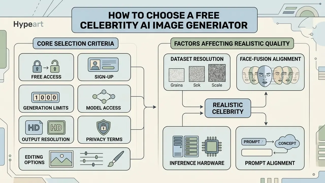 Infographic displaying selection criteria and technical factors for evaluating synthetic portrait tools