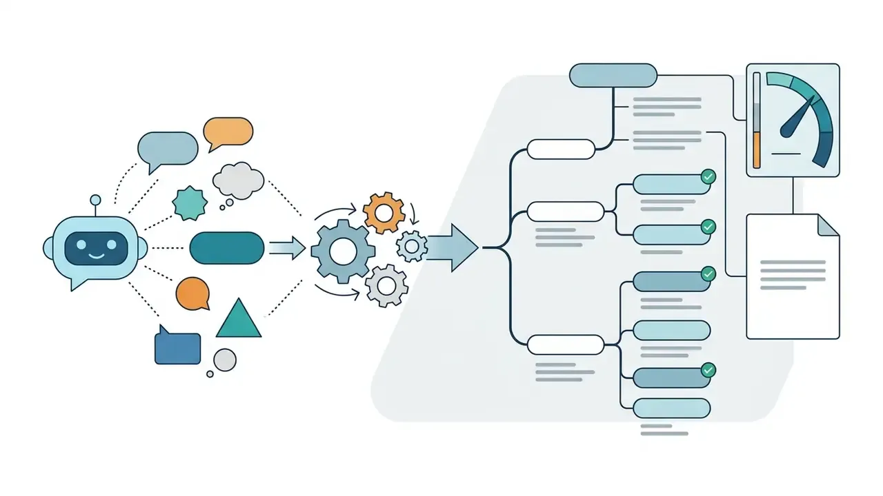 Chatbot generating ideas that pass through gears into a structured outline tree with status indicators