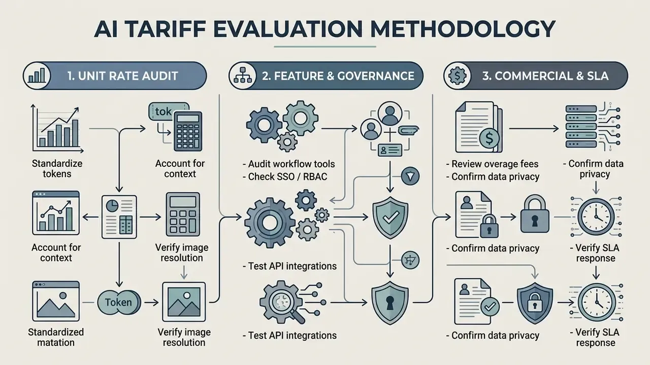 Three-step process flow for auditing AI media pricing plans covering unit rates, governance, and SLA terms