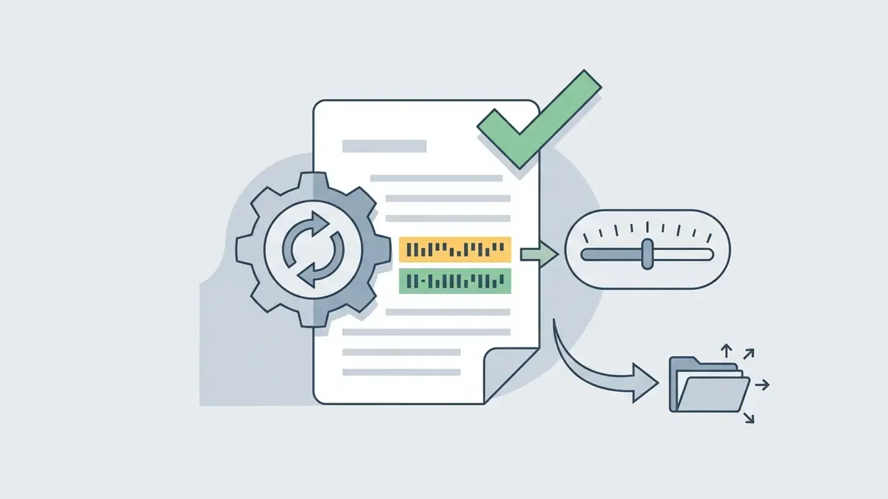 Document with a gear icon and checkmark being adjusted by a slider before exporting to a folder