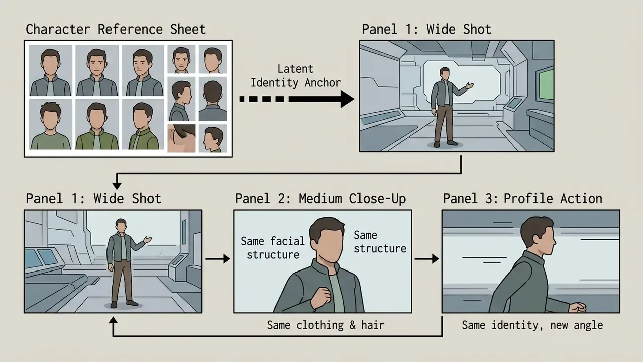 Character reference sheet showing how to maintain consistent features across different storyboard panels