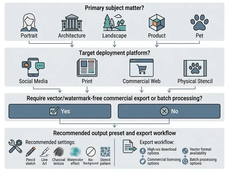 Interactive decision quiz matching subject matter and deployment needs to recommended sketch workflows