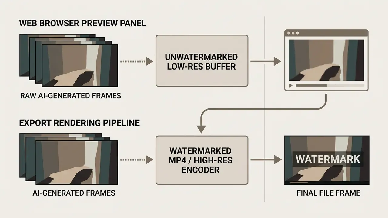 Flowchart showing the difference between web preview buffers and watermarked high-resolution exports
